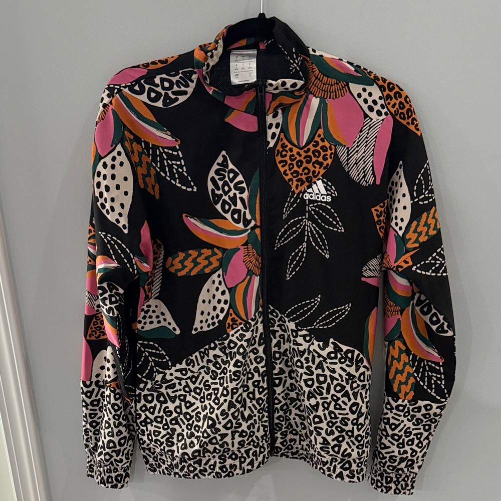 Adidas Women's Black and Pink Patterned Windbreaker Jacket